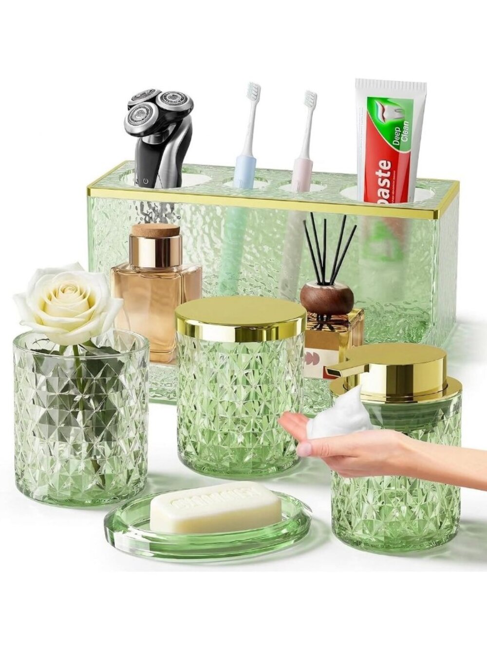 Stylish 5-Piece Green Bathroom Accessories Set - Glass Soap Dispenser